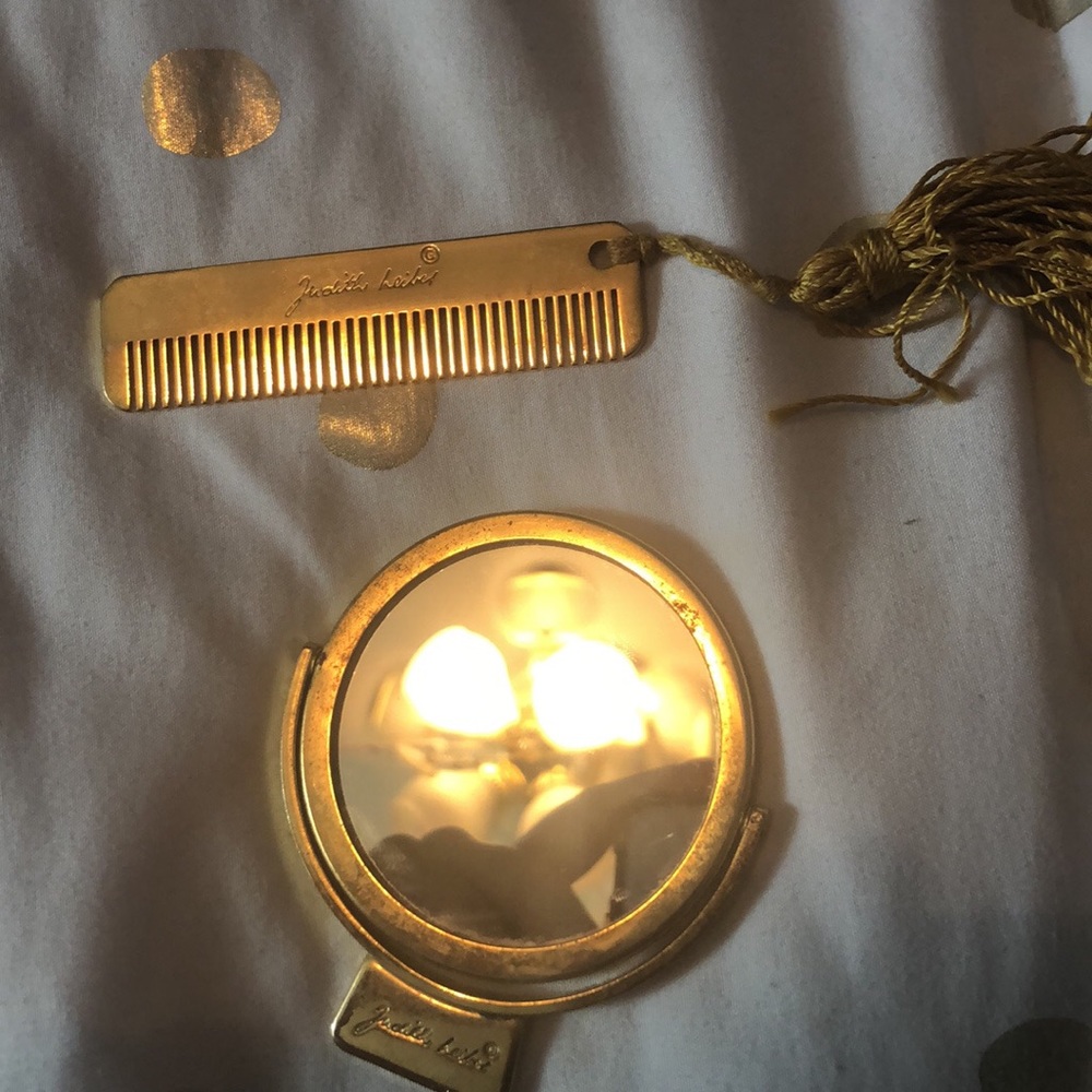 Judith Lieber gold comb and mirror set